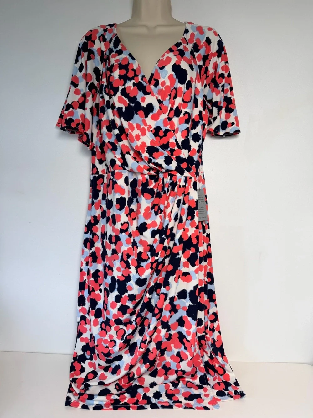 Maggy London Flutter Sleeve Faux Wrap Midi Dress Multicolor Polka Dot Size 16 - Picture 1 of 9